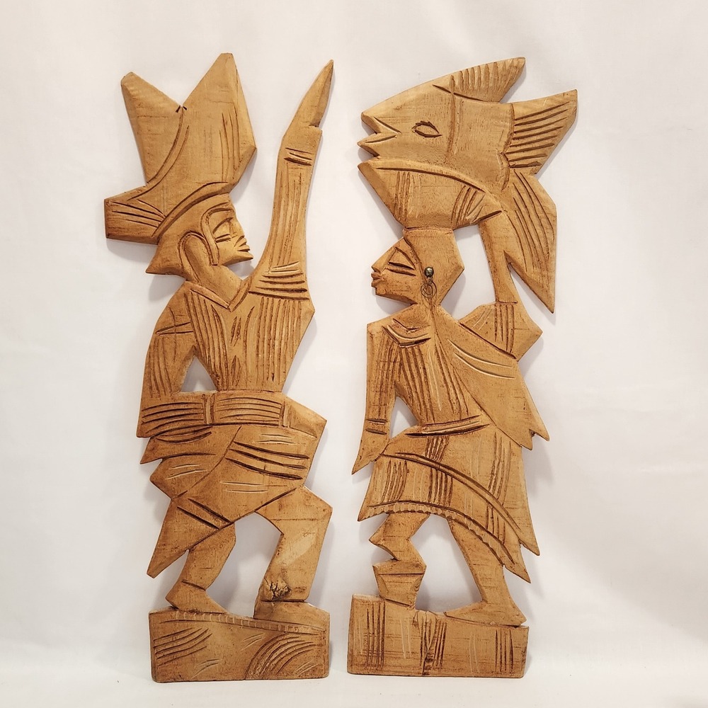 Vintage African Hand Carved Wood Wall‎ Art Plaque Set Man Woman 21" Tribal Art